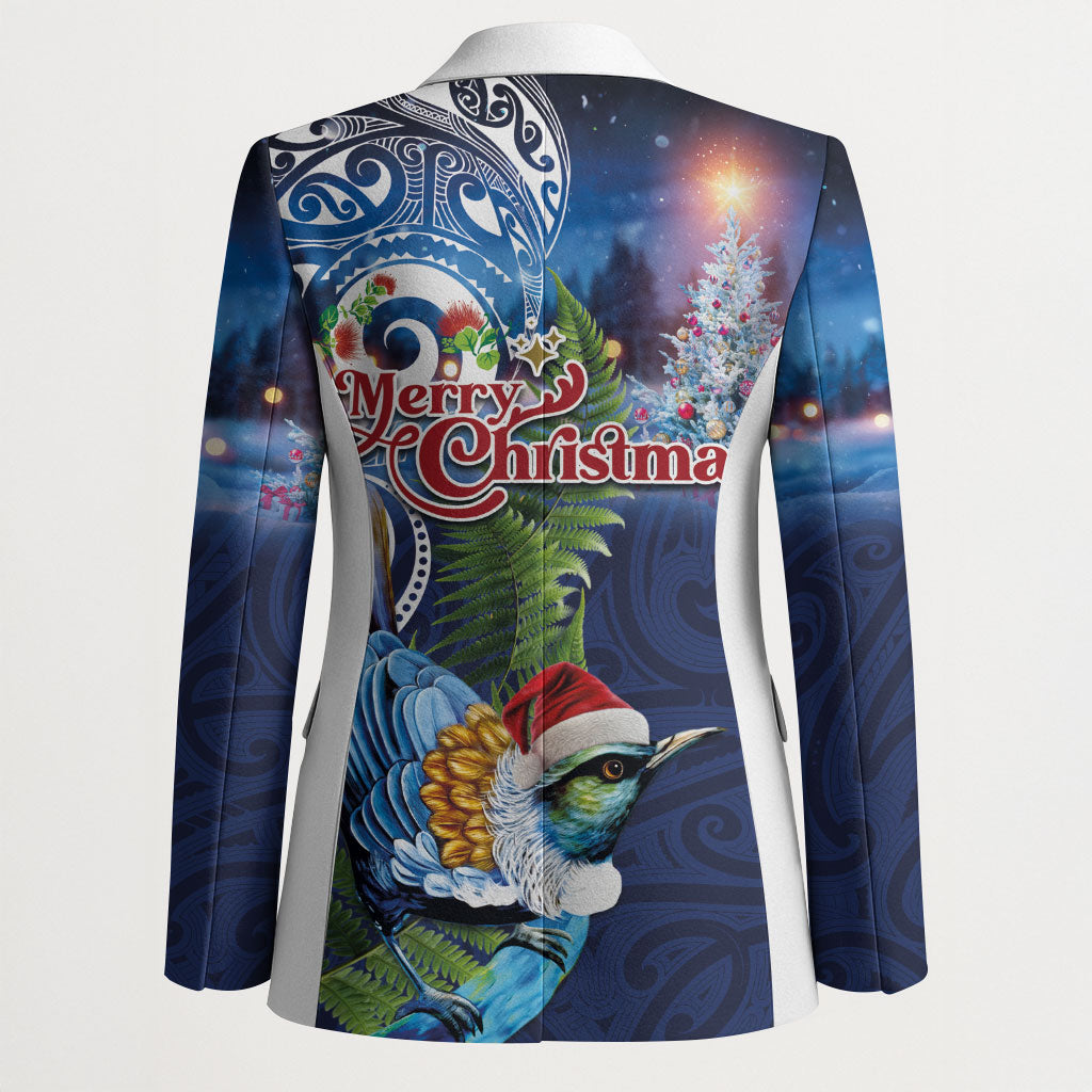 New Zealand Merry Christmas Blazer Maori Tribal Pattern with Xmas Tui Bird
