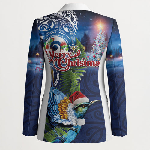 New Zealand Merry Christmas Blazer Maori Tribal Pattern with Xmas Tui Bird