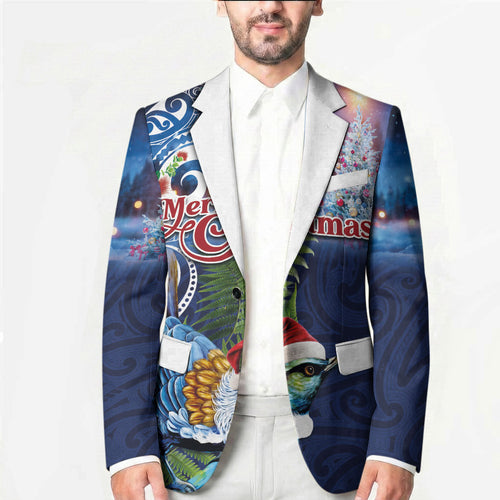 New Zealand Merry Christmas Blazer Maori Tribal Pattern with Xmas Tui Bird