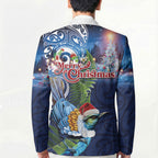 New Zealand Merry Christmas Blazer Maori Tribal Pattern with Xmas Tui Bird