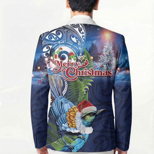 New Zealand Merry Christmas Blazer Maori Tribal Pattern with Xmas Tui Bird
