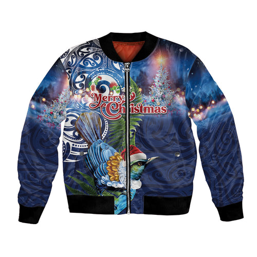 New Zealand Merry Christmas Bomber Jacket Maori Tribal Pattern with Xmas Tui Bird