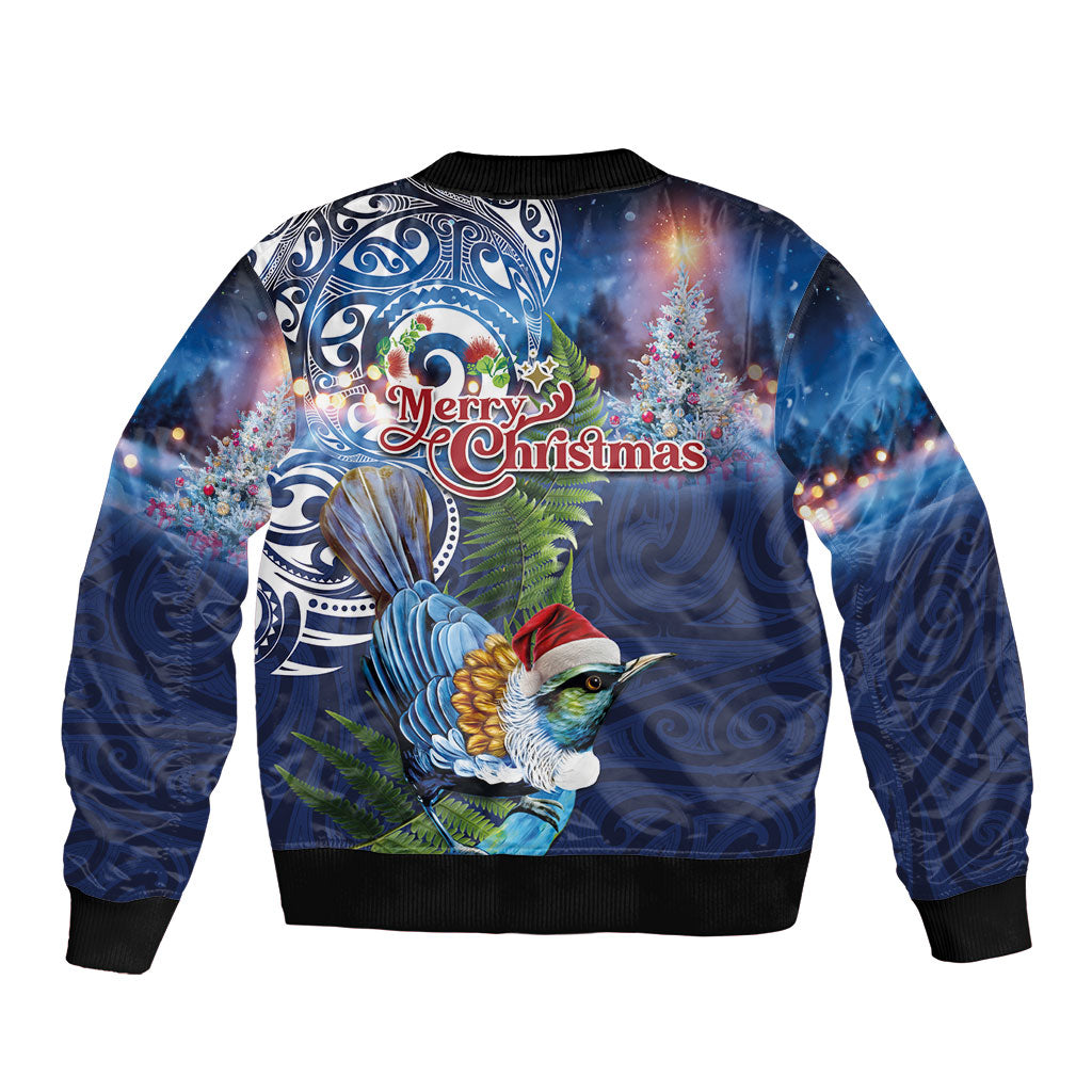 New Zealand Merry Christmas Bomber Jacket Maori Tribal Pattern with Xmas Tui Bird