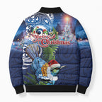 New Zealand Merry Christmas Bomber Puffer Jacket Maori Tribal Pattern with Xmas Tui Bird