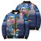 New Zealand Merry Christmas Bomber Puffer Jacket Maori Tribal Pattern with Xmas Tui Bird