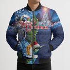 New Zealand Merry Christmas Bomber Puffer Jacket Maori Tribal Pattern with Xmas Tui Bird