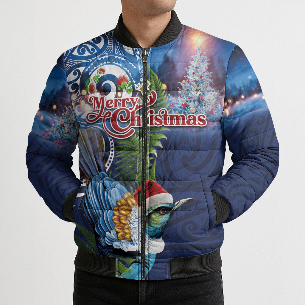 New Zealand Merry Christmas Bomber Puffer Jacket Maori Tribal Pattern with Xmas Tui Bird