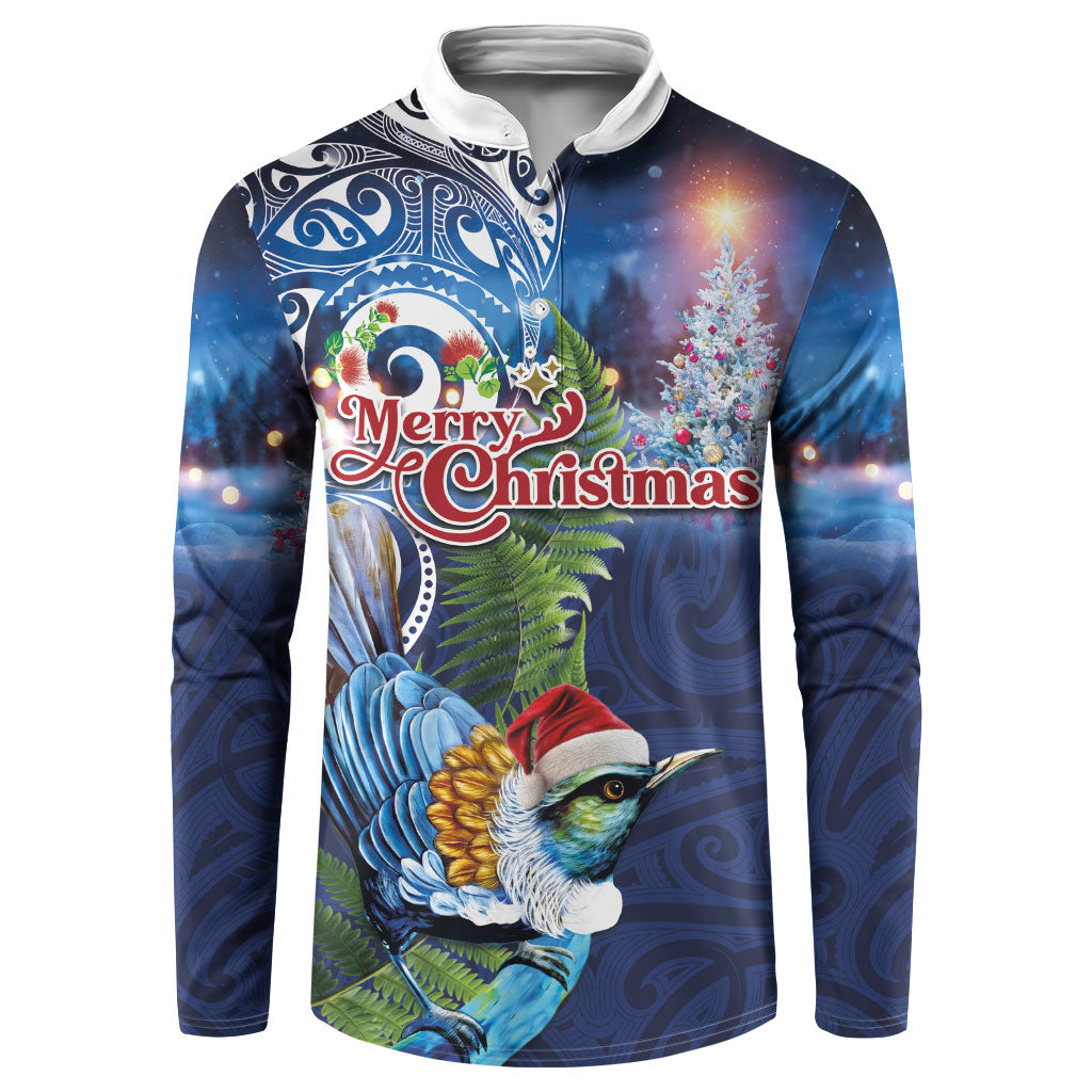 New Zealand Merry Christmas Button Sweatshirt Maori Tribal Pattern with Xmas Tui Bird