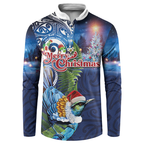 New Zealand Merry Christmas Button Sweatshirt Maori Tribal Pattern with Xmas Tui Bird