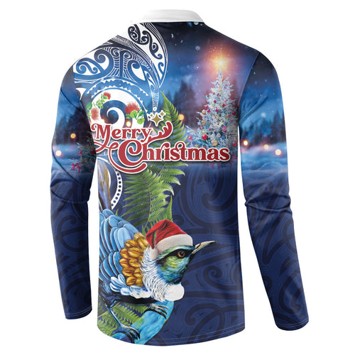 New Zealand Merry Christmas Button Sweatshirt Maori Tribal Pattern with Xmas Tui Bird