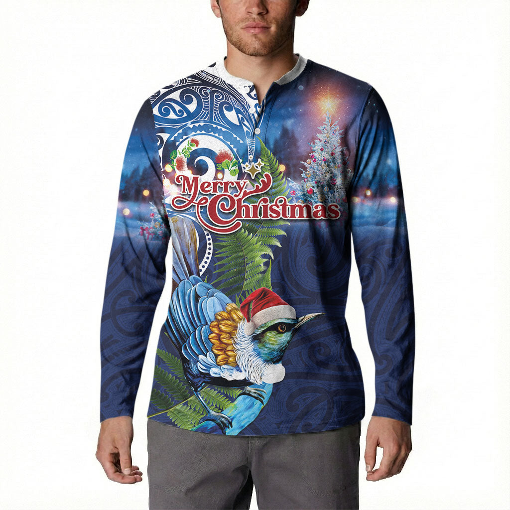 New Zealand Merry Christmas Button Sweatshirt Maori Tribal Pattern with Xmas Tui Bird