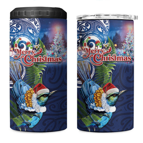 New Zealand Merry Christmas 4 in 1 Can Cooler Tumbler Maori Tribal Pattern with Xmas Tui Bird
