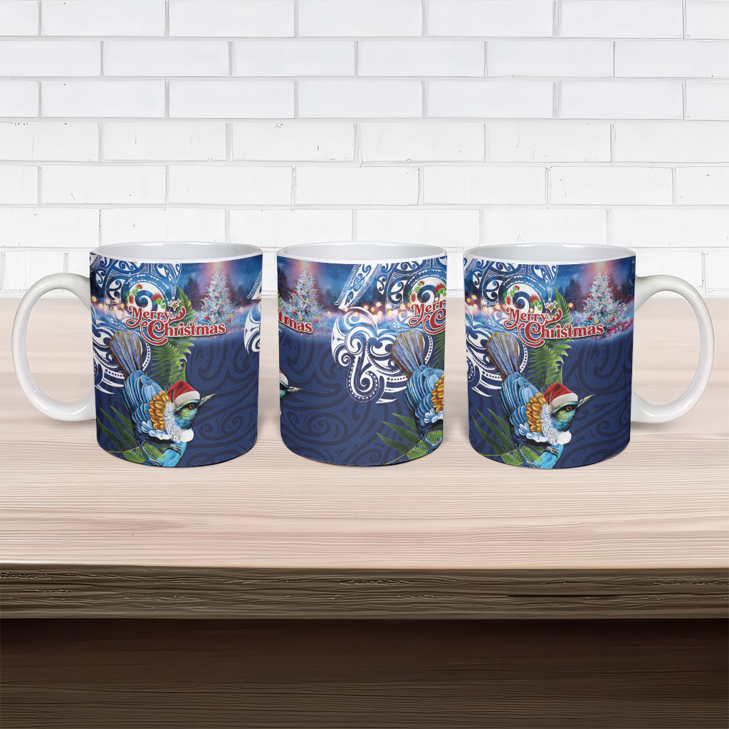 New Zealand Merry Christmas Ceramic Mug Maori Tribal Pattern with Xmas Tui Bird