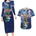 New Zealand Merry Christmas Couples Matching Long Sleeve Bodycon Dress and Hawaiian Shirt Maori Tribal Pattern with Xmas Tui Bird