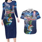 New Zealand Merry Christmas Couples Matching Long Sleeve Bodycon Dress and Hawaiian Shirt Maori Tribal Pattern with Xmas Tui Bird