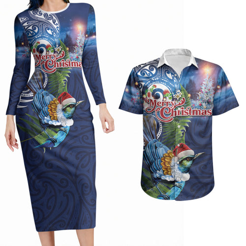 New Zealand Merry Christmas Couples Matching Long Sleeve Bodycon Dress and Hawaiian Shirt Maori Tribal Pattern with Xmas Tui Bird