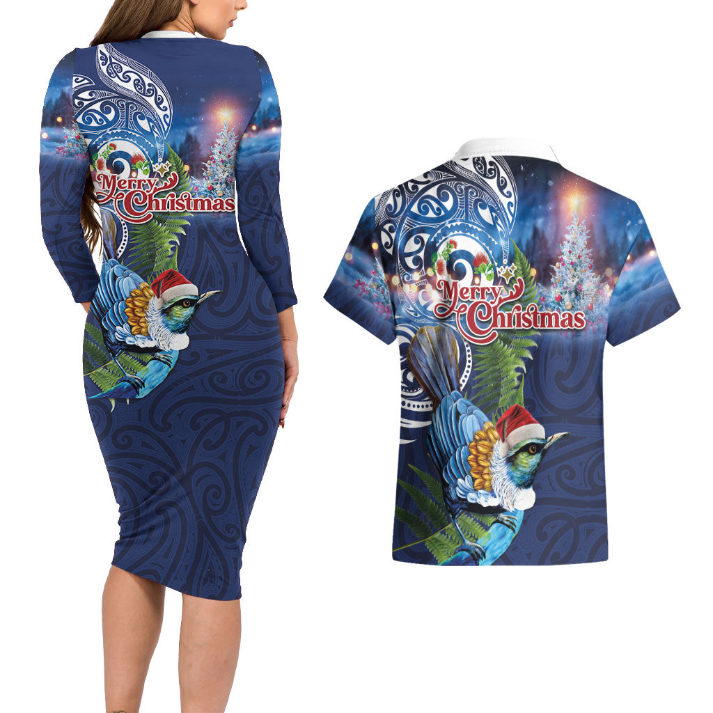 New Zealand Merry Christmas Couples Matching Long Sleeve Bodycon Dress and Hawaiian Shirt Maori Tribal Pattern with Xmas Tui Bird