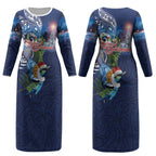 New Zealand Merry Christmas Couples Matching Long Sleeve Bodycon Dress and Hawaiian Shirt Maori Tribal Pattern with Xmas Tui Bird LT03