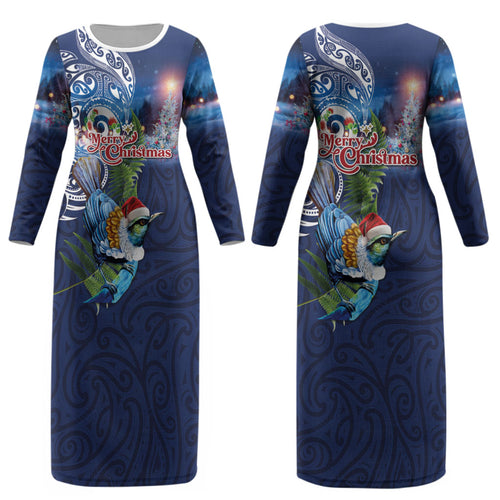 New Zealand Merry Christmas Couples Matching Long Sleeve Bodycon Dress and Hawaiian Shirt Maori Tribal Pattern with Xmas Tui Bird LT03