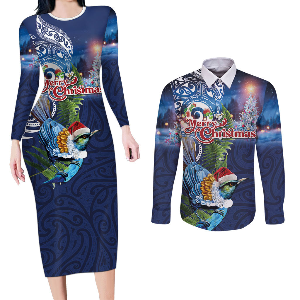 New Zealand Merry Christmas Couples Matching Long Sleeve Bodycon Dress and Long Sleeve Button Shirt Maori Tribal Pattern with Xmas Tui Bird