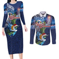 New Zealand Merry Christmas Couples Matching Long Sleeve Bodycon Dress and Long Sleeve Button Shirt Maori Tribal Pattern with Xmas Tui Bird