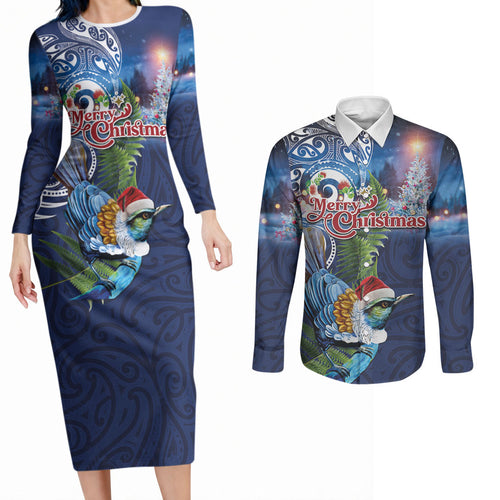 New Zealand Merry Christmas Couples Matching Long Sleeve Bodycon Dress and Long Sleeve Button Shirt Maori Tribal Pattern with Xmas Tui Bird
