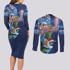New Zealand Merry Christmas Couples Matching Long Sleeve Bodycon Dress and Long Sleeve Button Shirt Maori Tribal Pattern with Xmas Tui Bird