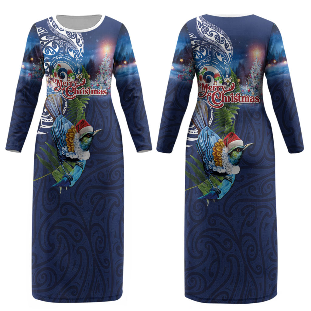 New Zealand Merry Christmas Couples Matching Long Sleeve Bodycon Dress and Long Sleeve Button Shirt Maori Tribal Pattern with Xmas Tui Bird LT03
