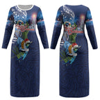 New Zealand Merry Christmas Couples Matching Long Sleeve Bodycon Dress and Long Sleeve Button Shirt Maori Tribal Pattern with Xmas Tui Bird LT03
