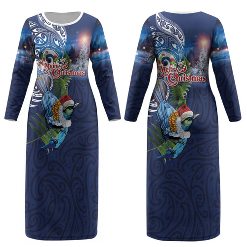 New Zealand Merry Christmas Couples Matching Long Sleeve Bodycon Dress and Long Sleeve Button Shirt Maori Tribal Pattern with Xmas Tui Bird LT03