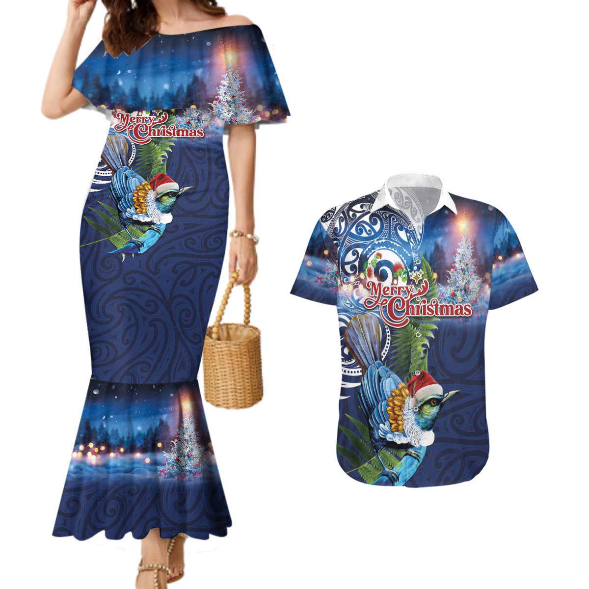 New Zealand Merry Christmas Couples Matching Mermaid Dress and Hawaiian Shirt Maori Tribal Pattern with Xmas Tui Bird