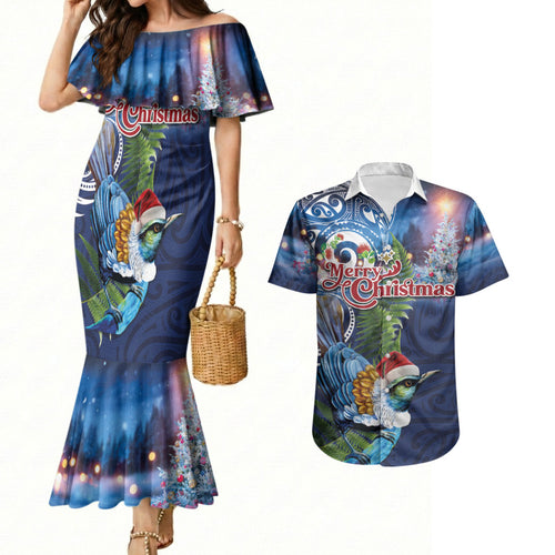 New Zealand Merry Christmas Couples Matching Mermaid Dress and Hawaiian Shirt Maori Tribal Pattern with Xmas Tui Bird