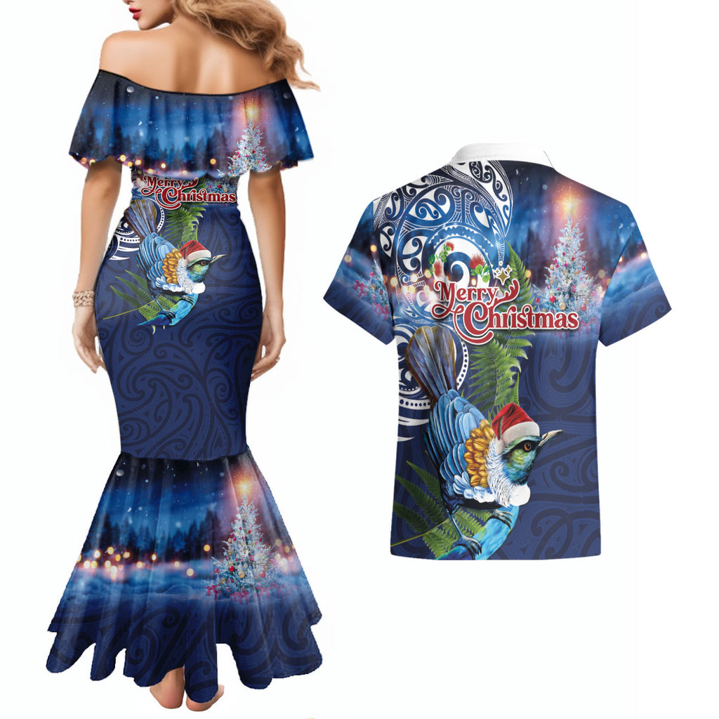 New Zealand Merry Christmas Couples Matching Mermaid Dress and Hawaiian Shirt Maori Tribal Pattern with Xmas Tui Bird