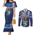 New Zealand Merry Christmas Couples Matching Mermaid Dress and Long Sleeve Button Shirt Maori Tribal Pattern with Xmas Tui Bird