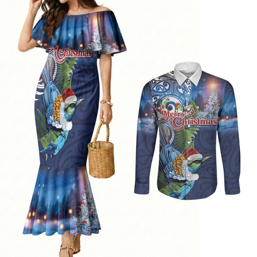 New Zealand Merry Christmas Couples Matching Mermaid Dress and Long Sleeve Button Shirt Maori Tribal Pattern with Xmas Tui Bird