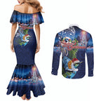 New Zealand Merry Christmas Couples Matching Mermaid Dress and Long Sleeve Button Shirt Maori Tribal Pattern with Xmas Tui Bird