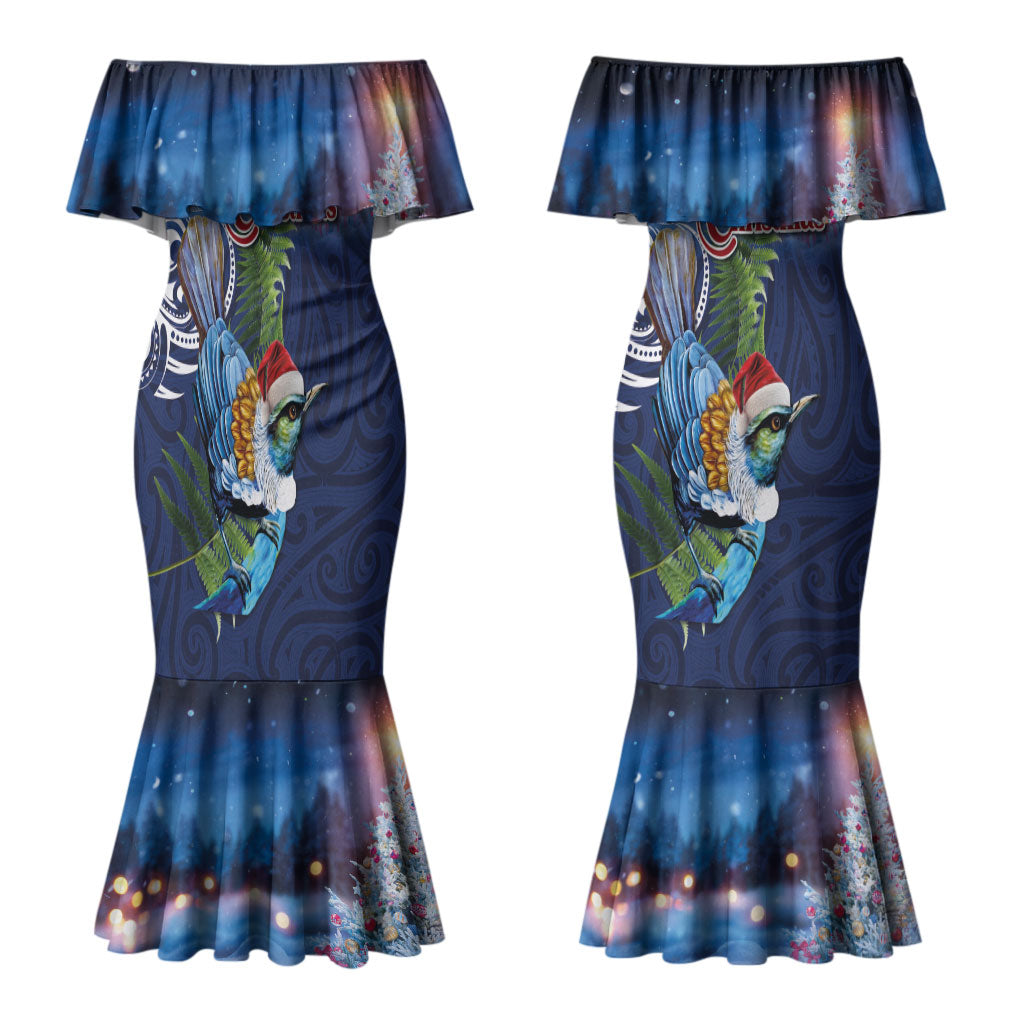 New Zealand Merry Christmas Couples Matching Mermaid Dress and Long Sleeve Button Shirt Maori Tribal Pattern with Xmas Tui Bird LT03