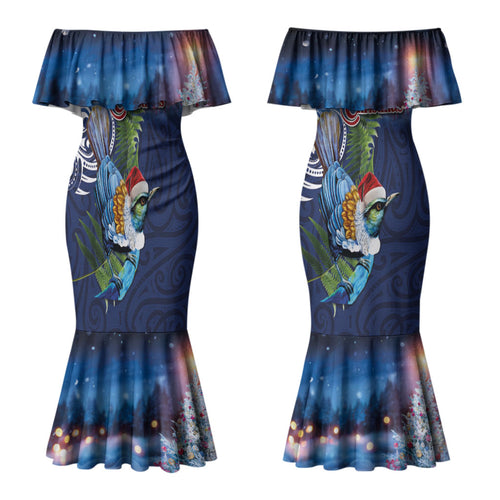 New Zealand Merry Christmas Couples Matching Mermaid Dress and Long Sleeve Button Shirt Maori Tribal Pattern with Xmas Tui Bird LT03