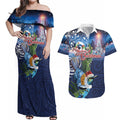 New Zealand Merry Christmas Couples Matching Off Shoulder Maxi Dress and Hawaiian Shirt Maori Tribal Pattern with Xmas Tui Bird