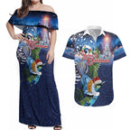 New Zealand Merry Christmas Couples Matching Off Shoulder Maxi Dress and Hawaiian Shirt Maori Tribal Pattern with Xmas Tui Bird