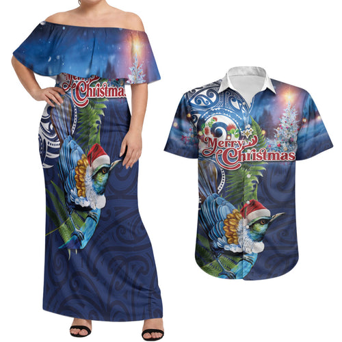 New Zealand Merry Christmas Couples Matching Off Shoulder Maxi Dress and Hawaiian Shirt Maori Tribal Pattern with Xmas Tui Bird