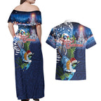 New Zealand Merry Christmas Couples Matching Off Shoulder Maxi Dress and Hawaiian Shirt Maori Tribal Pattern with Xmas Tui Bird