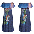 New Zealand Merry Christmas Couples Matching Off Shoulder Maxi Dress and Hawaiian Shirt Maori Tribal Pattern with Xmas Tui Bird LT03