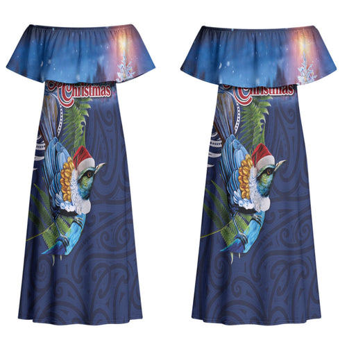 New Zealand Merry Christmas Couples Matching Off Shoulder Maxi Dress and Hawaiian Shirt Maori Tribal Pattern with Xmas Tui Bird LT03