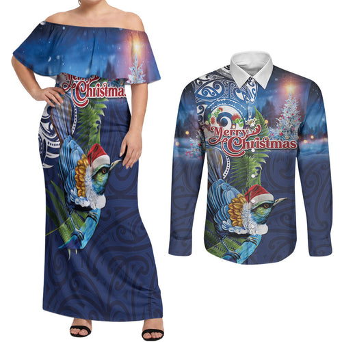 New Zealand Merry Christmas Couples Matching Off Shoulder Maxi Dress and Long Sleeve Button Shirt Maori Tribal Pattern with Xmas Tui Bird