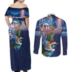 New Zealand Merry Christmas Couples Matching Off Shoulder Maxi Dress and Long Sleeve Button Shirt Maori Tribal Pattern with Xmas Tui Bird