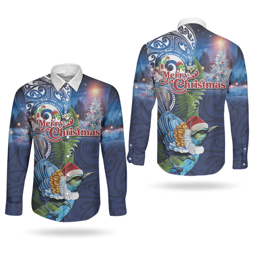 New Zealand Merry Christmas Couples Matching Off Shoulder Maxi Dress and Long Sleeve Button Shirt Maori Tribal Pattern with Xmas Tui Bird