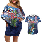 New Zealand Merry Christmas Couples Matching Off Shoulder Short Dress and Hawaiian Shirt Maori Tribal Pattern with Xmas Tui Bird