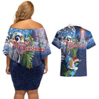New Zealand Merry Christmas Couples Matching Off Shoulder Short Dress and Hawaiian Shirt Maori Tribal Pattern with Xmas Tui Bird