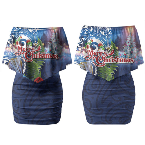 New Zealand Merry Christmas Couples Matching Off Shoulder Short Dress and Hawaiian Shirt Maori Tribal Pattern with Xmas Tui Bird